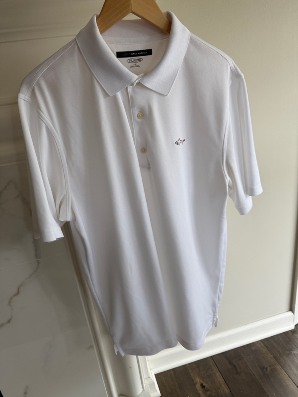 Greg Norman Collection White Short-Sleeve Polo with Embroidered Shark